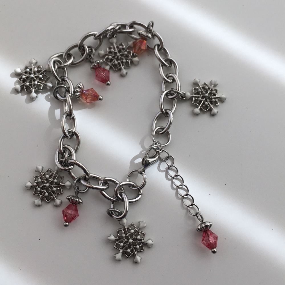 Pink Crystal Beads with Snowflake Charms Bracelet